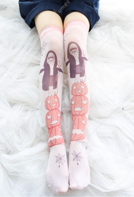 Women Kawaii Halloween Pumpkin Pattern Decorated High Socks