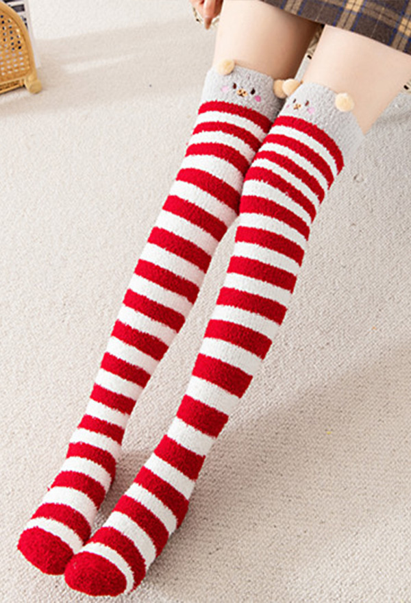 Women Kawaii Stripes Thigh High Socks - Cartoon Warm Over Knee Socks Casual Knee  High Stockings