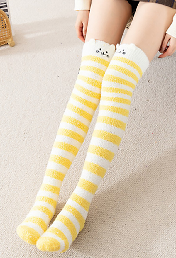 Women Kawaii Stripes Thigh High Socks - Cartoon Warm Over Knee Socks Casual Knee  High Stockings