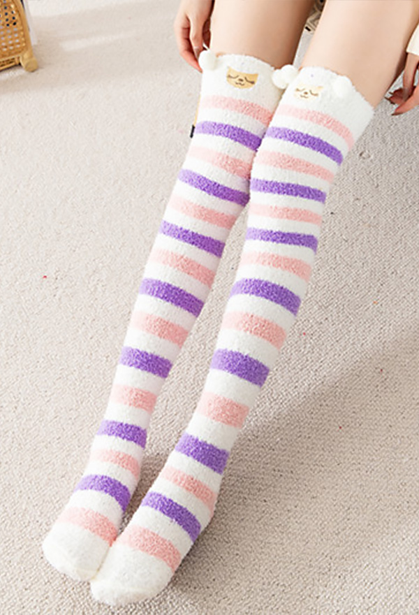 Women Kawaii Stripes Thigh High Socks 3 Pack Cartoon Warm Over Knee Socks  Casual Knee High Stockings