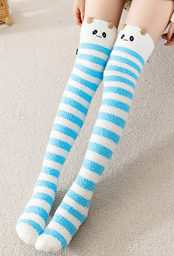 Kawaii Knee High Socks Women Light Blue Striped Socks