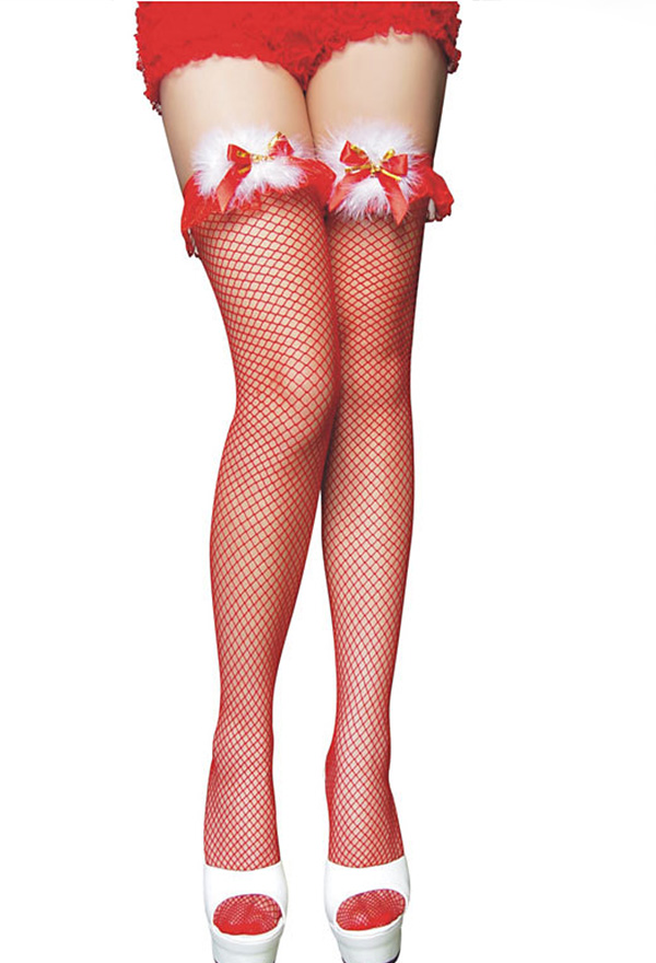 Claudia: Red Fishnet Thigh High Stockings Holiday. Petite to Plus