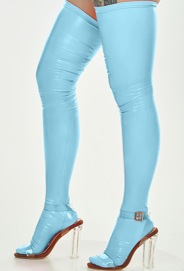 Sexy Lingerie Oberschenkelstrümpfe Glänzende Blau Strümpfe PU Oberschenkelstrümpfe Socken