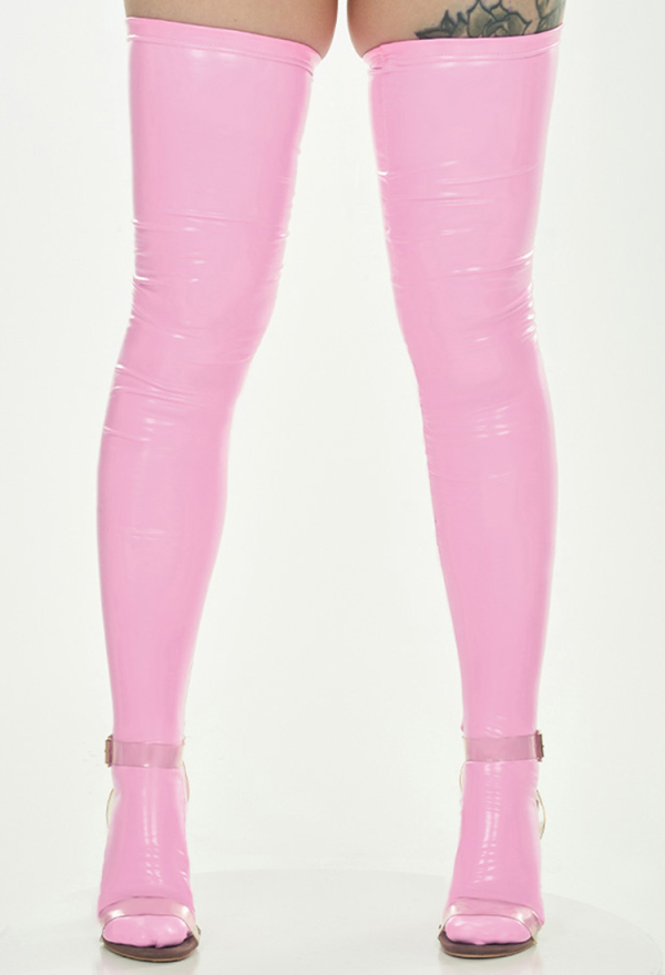 Sexy Thigh High Stockings Shiny Solid Pink PU Elastic Shaping Stretchy Over Knee Socks Top Quality Socks for Sale