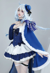 Furina Dérivée Cape Bleue à Ourlet Blanche en Fourrure Cosplay Costume