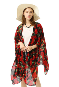 Woman Elegant Floral Pattern Chiffon Sun Protection Beach Kimono Swimwear Shirt Dress Cover Up Outfit Accessory for Spring Summer