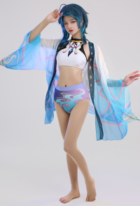Xiao Derivative Haori Cover-up with Gradient Blue Wave Pattern Wide Sleeve Summer Kimono Coverups