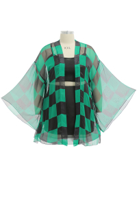 Plus Size Cover-up Green Black Plaids Printed Yarn Kimono Haori Cover-up Chiffon Cardigans
