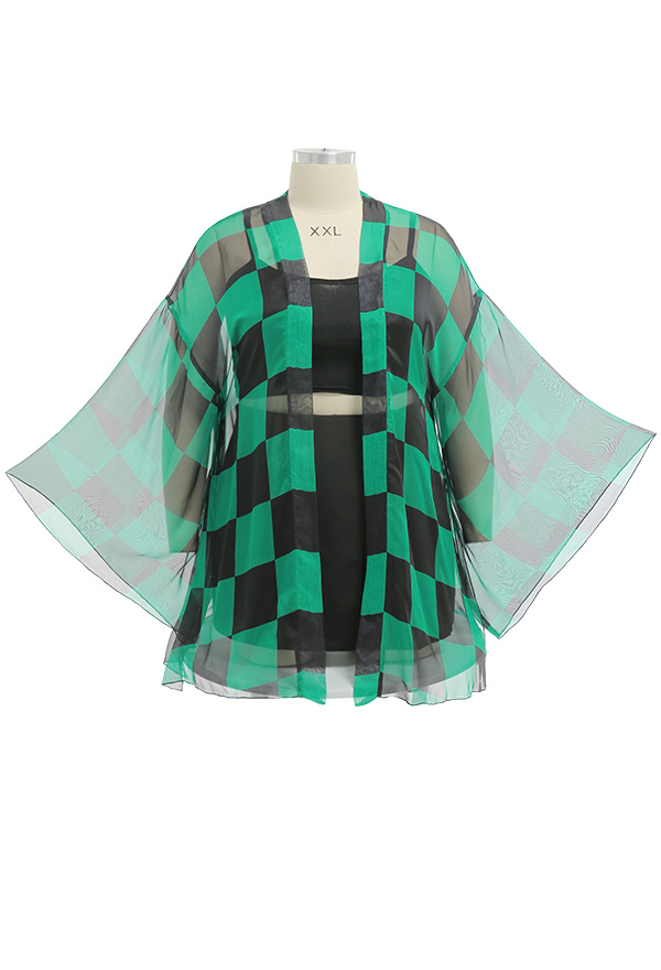 Plus Size Cover-up Green Black Plaids Printed Yarn Kimono Haori Cover-up Chiffon Cardigans