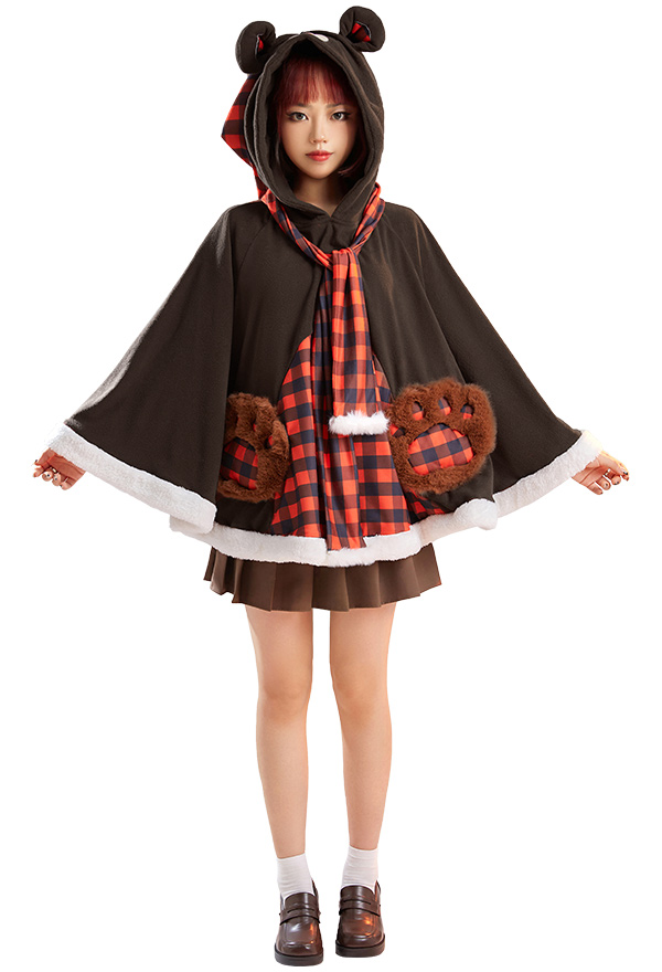 Christmas Hooded Cloak Bear Pattern Plaid Poncho Cape Coat for Women