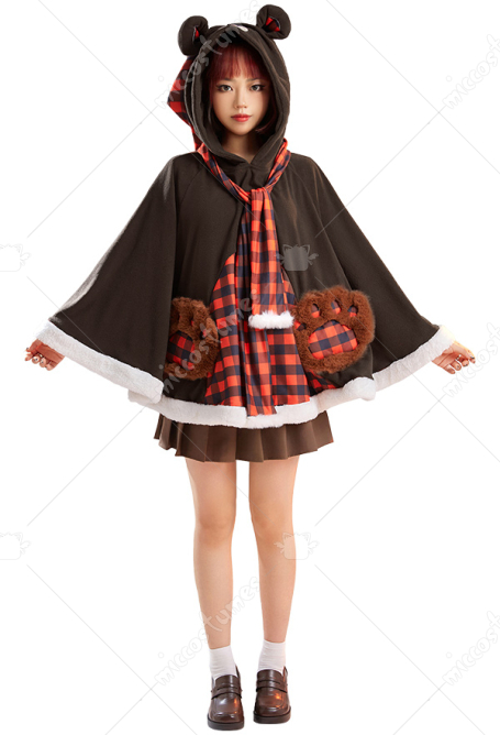 Christmas Hooded Cloak Bear Pattern Plaid Poncho Cape Coat for Women