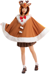 Christmas Hooded Cloak Reindeer Pattern Poncho Cape Coat for Women