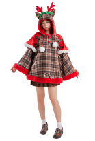 Christmas Hooded Cloak Brown Plaid Poncho Cape Coat for Women