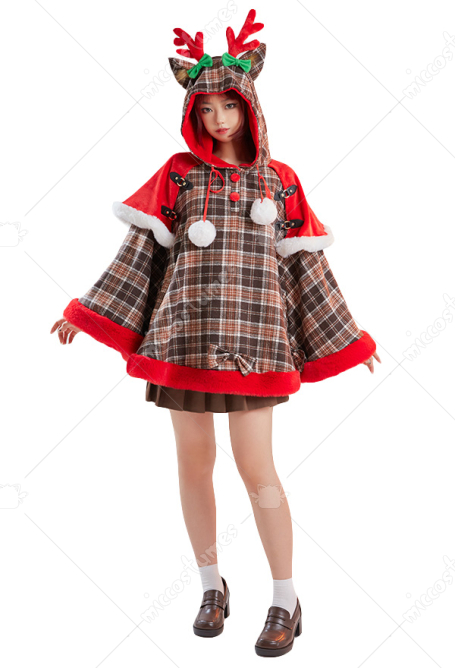 Christmas Hooded Cloak Brown Plaid Poncho Cape Coat for Women