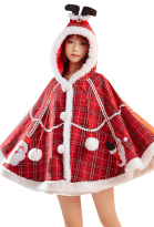 Christmas Hooded Cloak Santa Pattern Plaid Poncho Cape Coat for Women