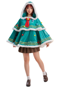 Women Hooded Cloak Chrismas Tree Pattern Poncho Green Cape Coat