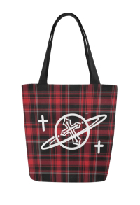 Red Black Plaid Canvas Bag with Planet Print Beach Bag Tote Bag for Vacation Shopping