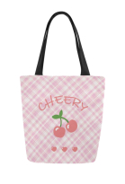Pink Plaid Canvas Bag with Cherry Print Beach Bag Tote Bag for Vacation Shopping