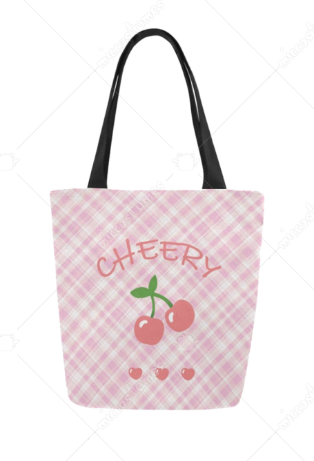 Pink Plaid Canvas Bag with Cherry Print Beach Bag Tote Bag for Vacation Shopping
