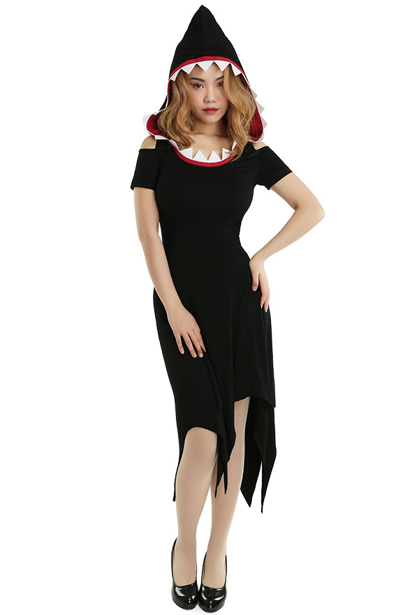 Halloween Requin Costume Robe à Capuche pour Femme Noir