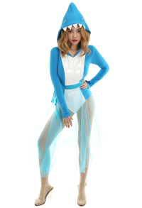 Blue Women Shark Hooded Costume Bodysuit Jumpsuit for Halloween with Transparent Bandage Veil Skirt