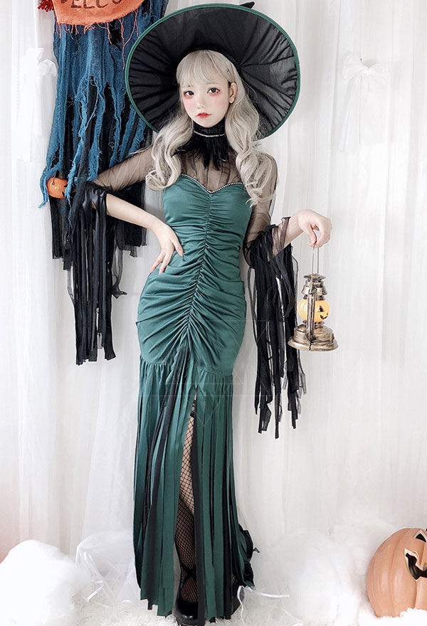 Halloween Costume Diable Sorcière Cosplay Robe Gothique pour Femme Adulte avec Chapeau