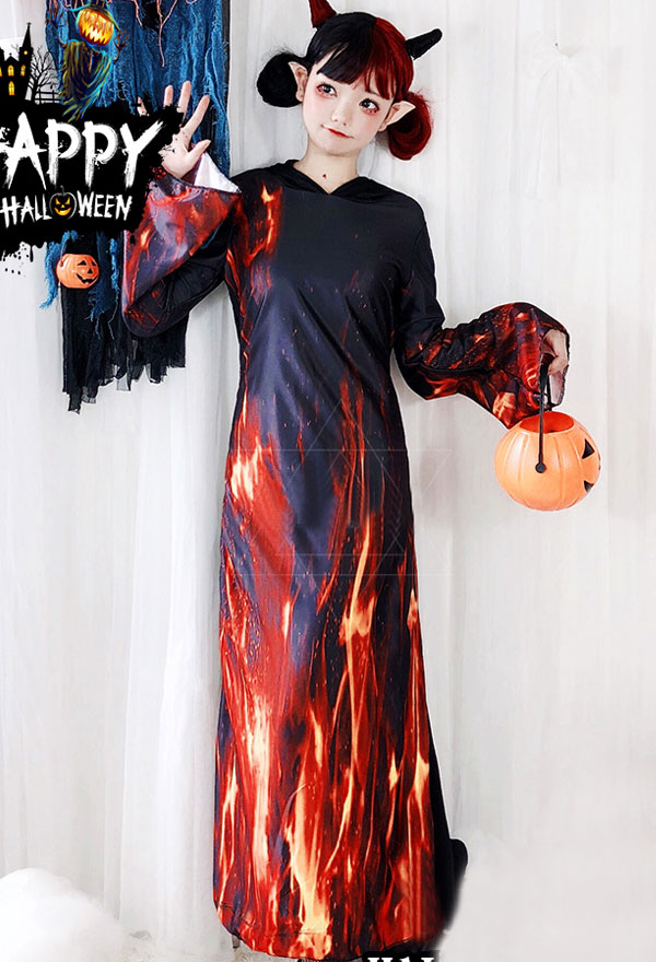 Halloween Costume Faucheur d'Enfer Cosplay Robe avec Feu Motifs pour Femme Adulte