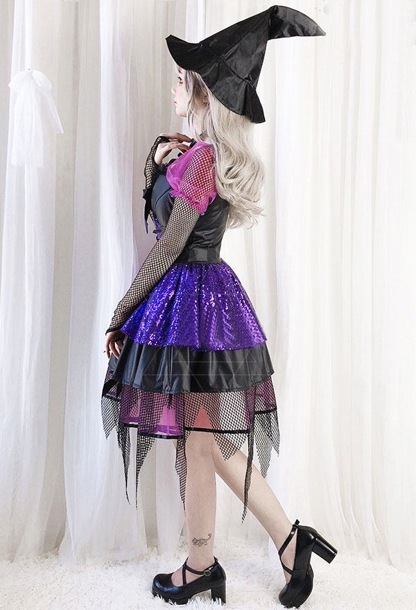Costume De Sorcière Halloween Pour Femme - Lot De 5 Pièces (cape, Chapeau, Gants, Collier, Masque) - Cosplay