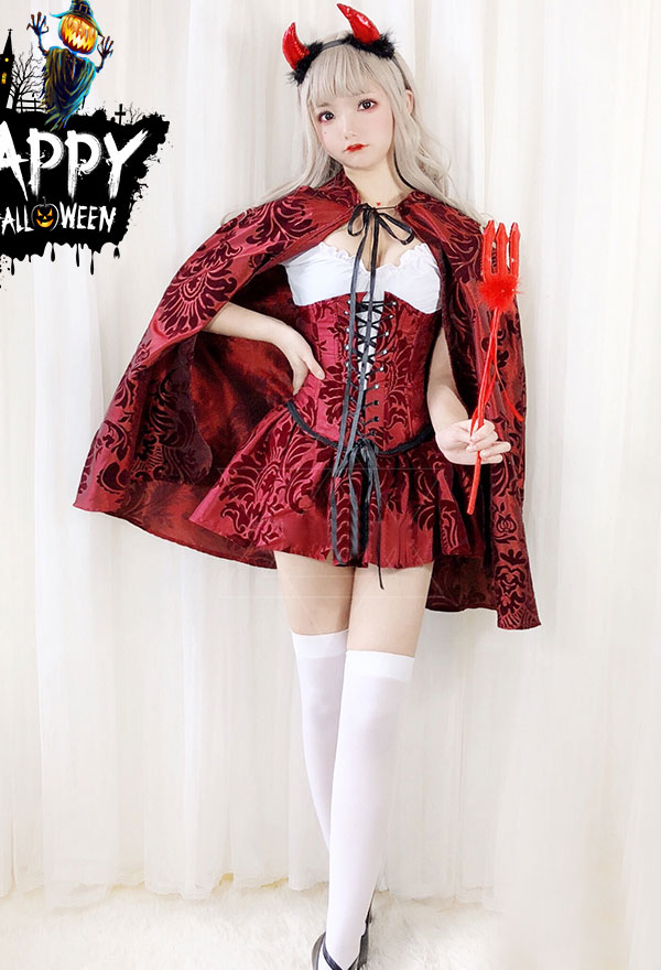 Halloween Costume Diable Sorcière Vampire Cosplay Robe Gothique pour Femme Adulte avec Cape