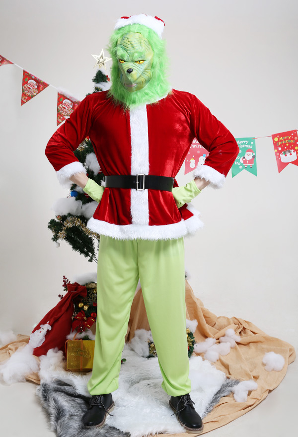 Men Adult Mr Santa Claus Christmas The Grinch Red and Green Party Performance Outfit Cosplay Costume