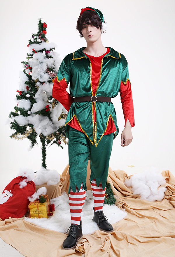 Männer Weihnachten Grün Paar Outfit Weihnachtsmann Cosplay Kostüm mit Hut