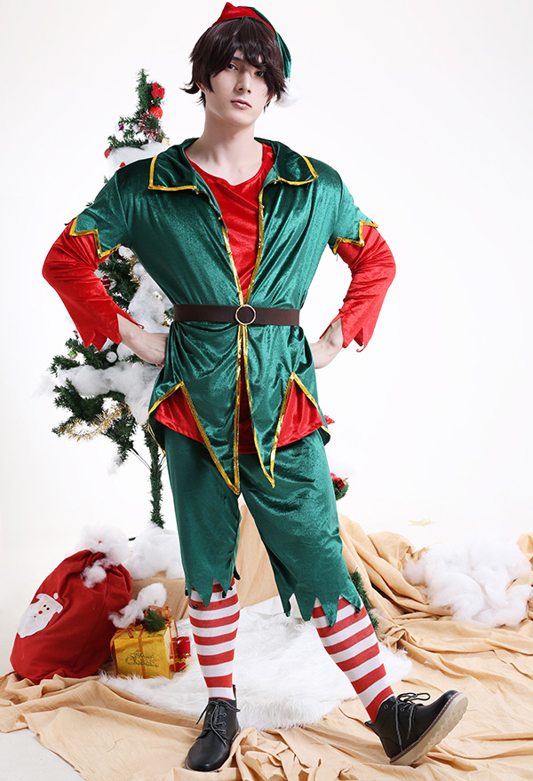 Men Adult Mr Elf Red and Green Performance Lycra Fiber Couple Outfit Cosplay Costume for Christmas with Belt and Stripped Socks