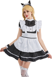 Rüsche Dienstmädchen-Outfit Cosplay Kostüme Puffärmel Restaurant Uniform Regenschirmkleid mit Katzenohr