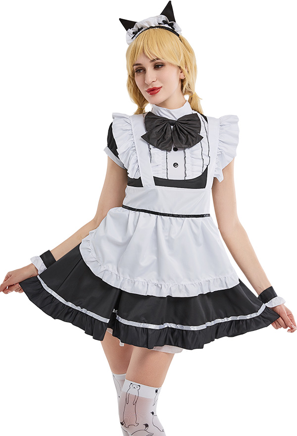 Women Cat Ear French Maid Costume with Apron for Halloween Cosplay