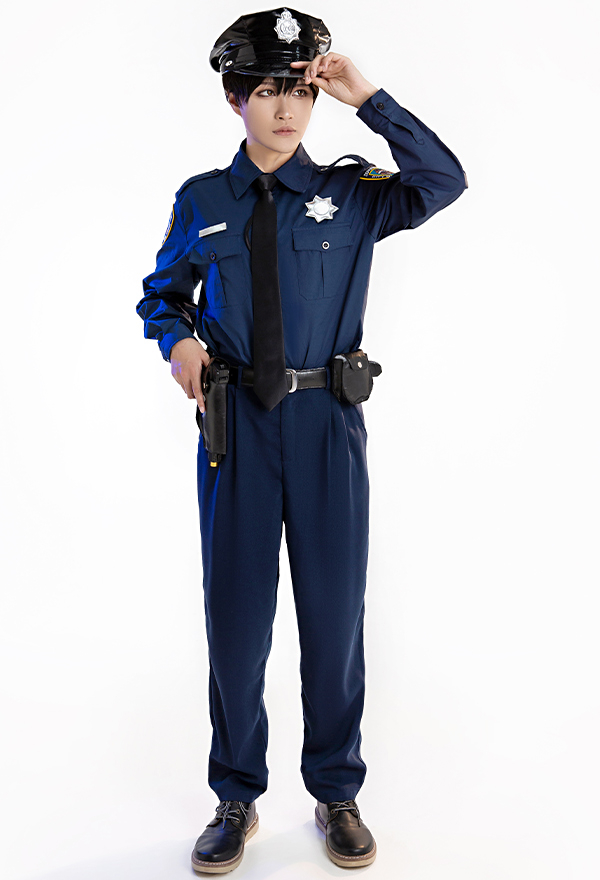 Costume de Cosplay Police Uniforme Manche Longue pour Homme Adulte Bleu Foncé avec Chapeau