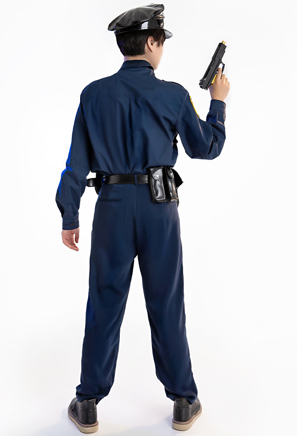 Costume de Cosplay Police Uniforme Manche Longue pour Homme Adulte Bleu Foncé avec Chapeau