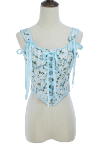 Medieval Renaissance Floral Pattern Corset Top 16th Century Blue Ribbons Lace-Up Camisole Overbust Boned Bustier