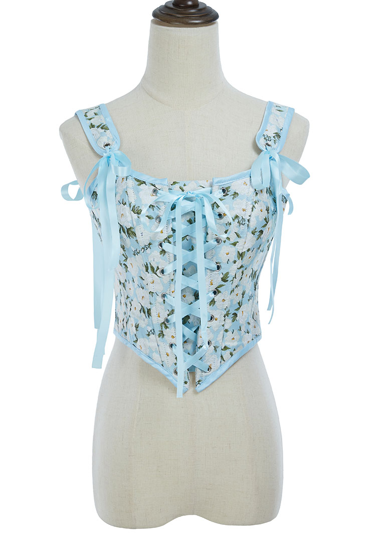 Medieval Renaissance Floral Pattern Corset Top 16th Century Blue Ribbons Lace-Up Camisole Overbust Boned Bustier