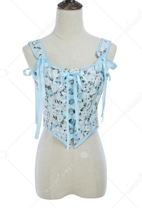 Medieval Renaissance Floral Pattern Corset Top 16th Century Blue Ribbons Lace-Up Camisole Overbust Boned Bustier