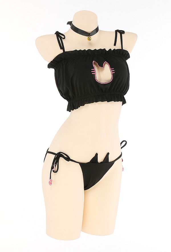 Lingerie Sexuelle Ciselée sur la Poirtine Bikini à Broderie Cosplay Chat Noir avec Oreilles de Chat