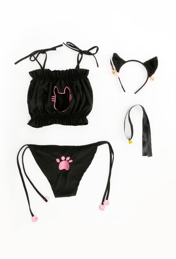 Lingerie Sexuelle Ciselée sur la Poirtine Bikini à Broderie Cosplay Chat Noir avec Oreilles de Chat