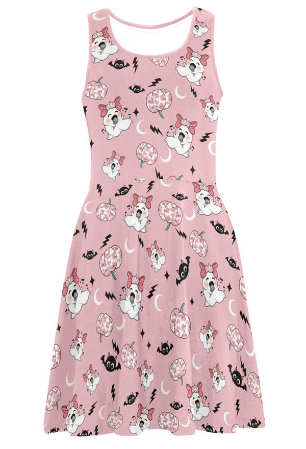 Halloween Women Casual Dress Ghost Pumpkin Prints Tank Dress Pink Dress for Summer