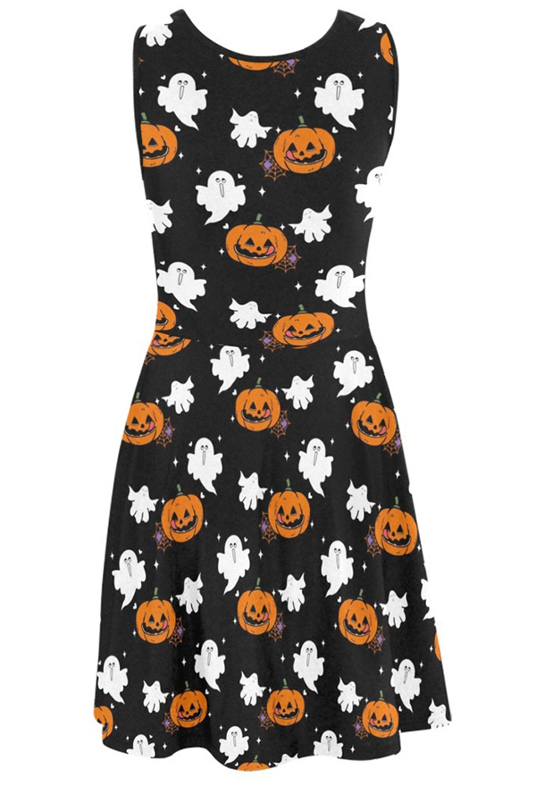 Halloween Women Casual Dress Ghost Pumpkin Prints Tank Dress Black Dress  for Summer