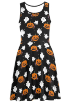 Halloween Women Casual Dress Ghost Pumpkin Prints Tank Dress Black Dress for Summer