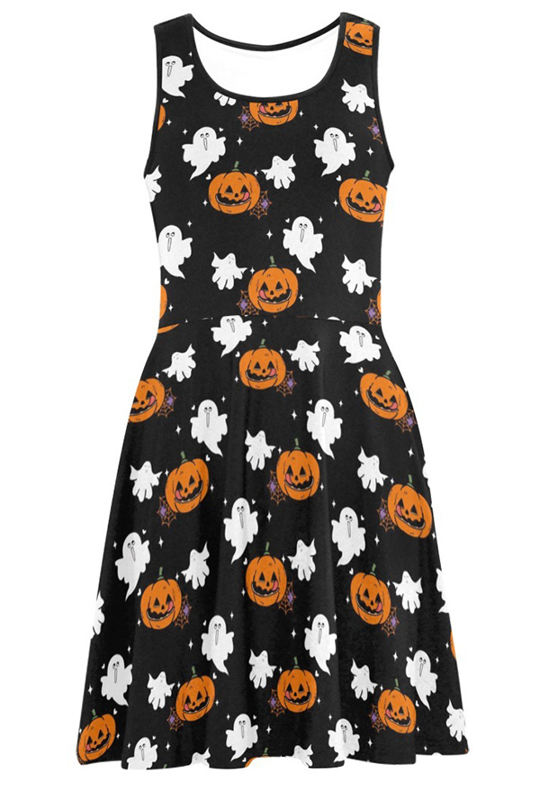 Halloween Women Casual Dress Ghost Pumpkin Prints Tank Dress Black Dress for Summer
