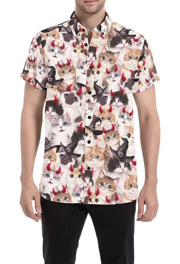 Halloween Chemise Casual pour Homme Démon Chat Imprime Bouton Bas À Manches Courtes Chemises