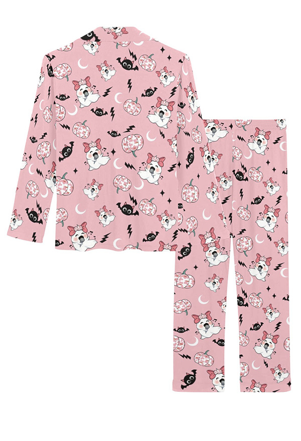 Pyjamas Halloween Deux Pièces Rose Femme Top Pantalon de Nuit Motif Fantôme Citrouille Manche Longue