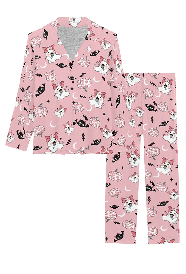 Pyjamas Halloween Deux Pièces Rose Femme Top Pantalon de Nuit Motif Fantôme Citrouille Manche Longue