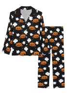 Halloween Women Nightwear Ghost Pumpkin Prints Long Sleeve and Pants 2 Piece Pajama