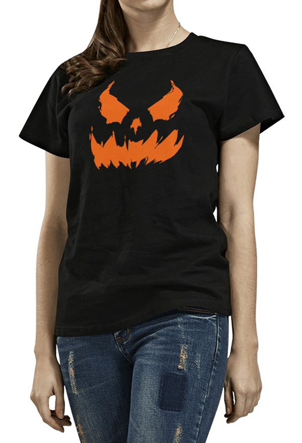 Cosplay.fm Halloween Women Regular T-shirts Pumpkin Face Prints Slim Black T-shirts